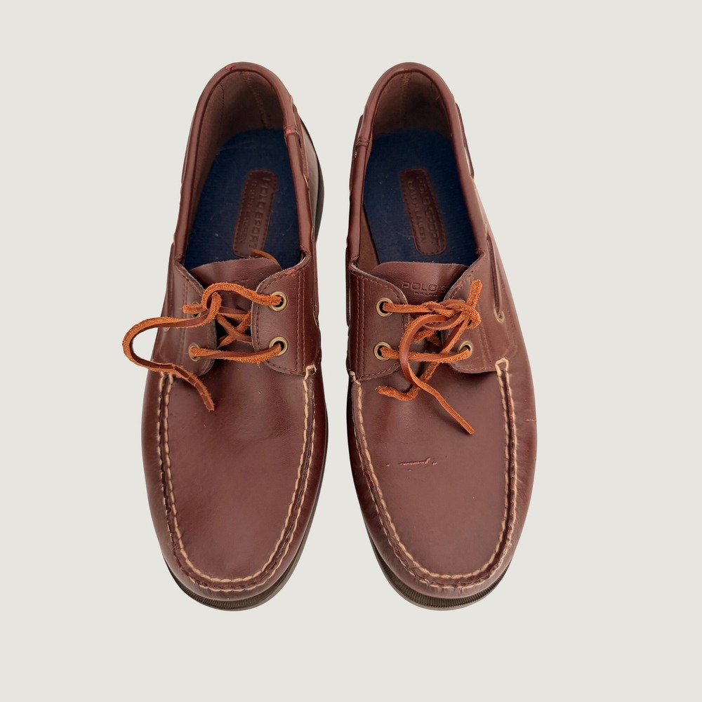 Vintage 90s Polo Sport Ralph Lauren Mens Brown Leather Boat Shoes Loafers 9.5